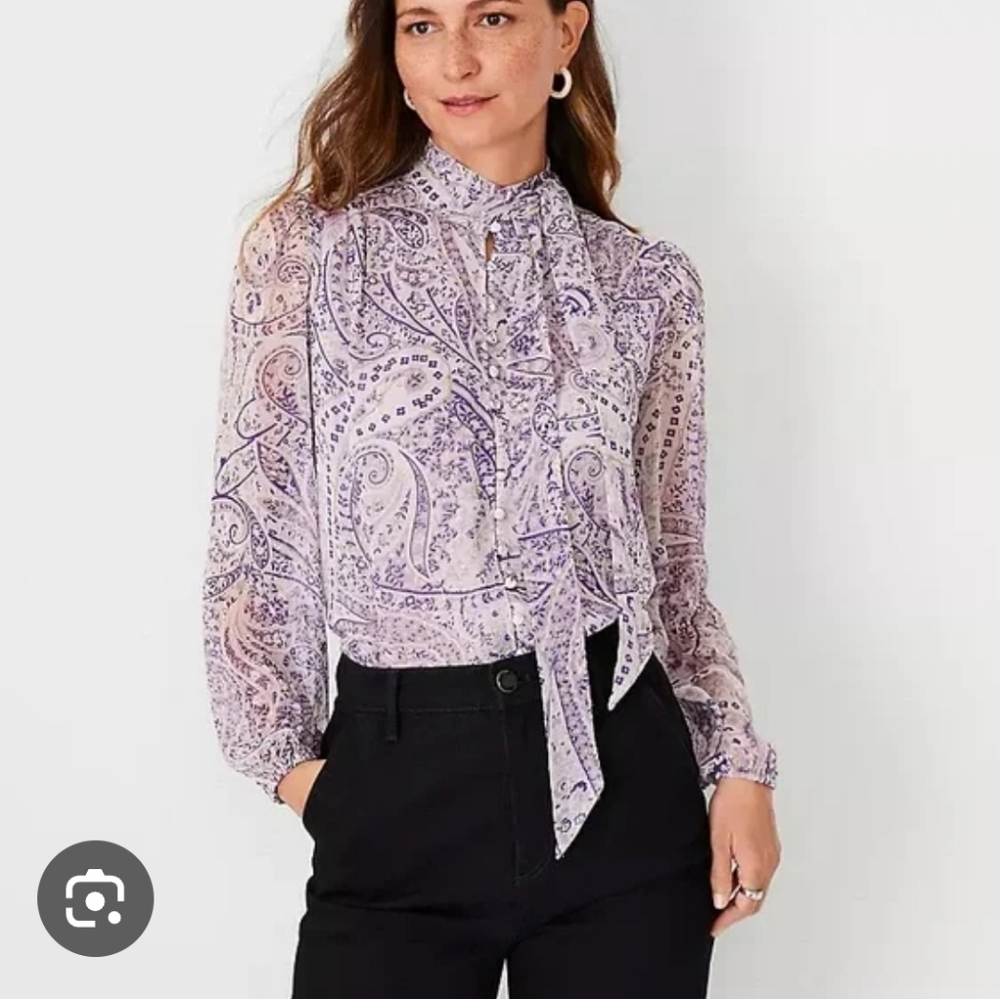 Ann Taylor Lavender Paisley Tie-Neck Blouse